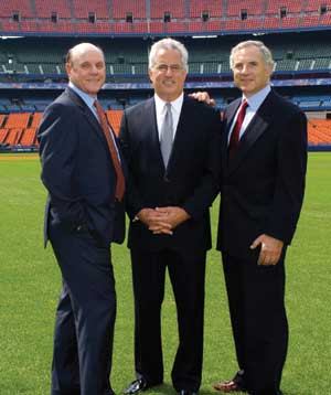 Sterling Equities heavy hitters Michael Katz, senior executive vice president and CFO, Richard Wilpon, senior executive vice president, and Tom Osterman, executive vice president, line up at Shea Stadium, home of the New York Mets–their other investment.