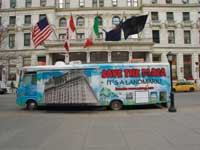 FINAL PLEA: To stop the conversion, a New Yorker drives a 34-foot RV imploring people to “Save the Plaza!”