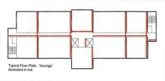 The red lines illustrate areas on a typical floor plate often lost to belt tightening. Little in the way of actual savings are achieved. Hard dollars can be lost to waste, lack of ambience, and slow sales.