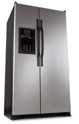 HEAVY METAL: For the look of stainless steel for less, try the Hotpoint side-by-side refrigerator. The silver metallic finish resists fingerprints and is easy to clean, the company says. The refrigerator features a 25-cubic-foot capacity, up-front electronic temperature controls, adjustable glass shelves, water filtration system, and a sealed vegetable/fruit crisper.