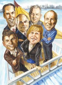 Clockwise from top left: Multifamily executives Scot Sellers, David Fitch, Eric Bolton, Ron Terwilliger, Christy Curry Freeland, and David Neithercut.