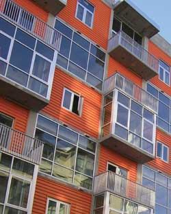 Located in downtown San Diego, the seven-story Fahrenheit is made of corrugated metal and pre-cast concrete to complement its massive neighbor, Petco Park.