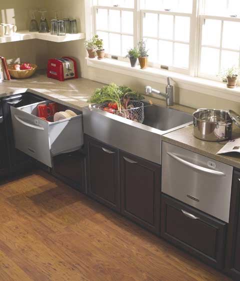 SMALL LOAD: Tight on space? Try a single-drawer dishwasher that fits up to five place settings. The compact appliance offers five cycles, plus removable racks designed for larger plates, flip down cup shelves, dual silverware baskets, and KitchenAid's signature Whisper Quiet Ultima Sound Insulation System. The product comes in stainless steel or panel-ready to blend into kitchen cabinetry. For more information, contact KitchenAid at 800-422-1230 or visit www.KitchenAid.com.