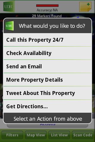 A screenshot of the actions menu on UDR's latest smart phone application, which combines augmented reality and mobile apartment search with social networking.