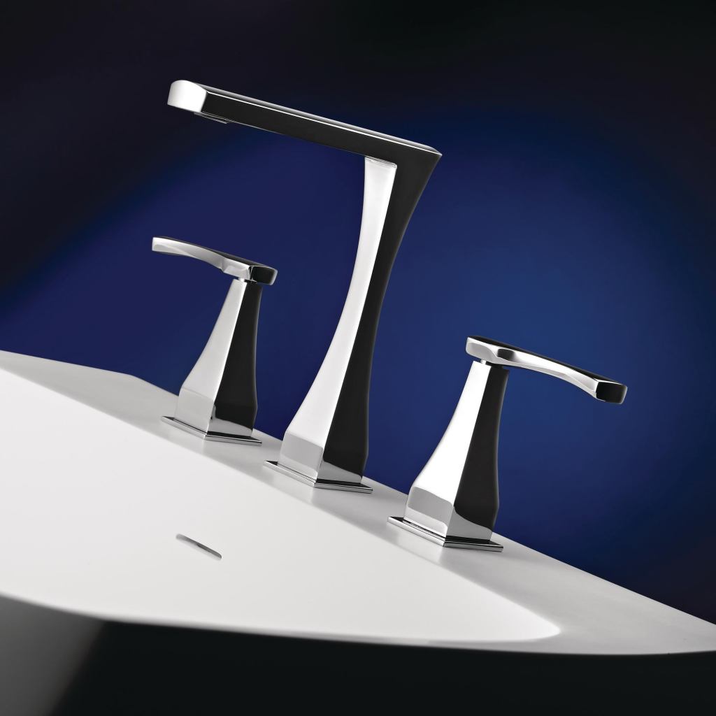 Hastings Tile & Bath. The Chelsea H125 faucet offers a WaterSense-certified flow rate of 1.5 gpm. The unit combines a curvaceous, hourglass-like shape with square corners and a slender spout. It comes in 35 finishes. 516.379.3500. www.hastingstilebath.com.