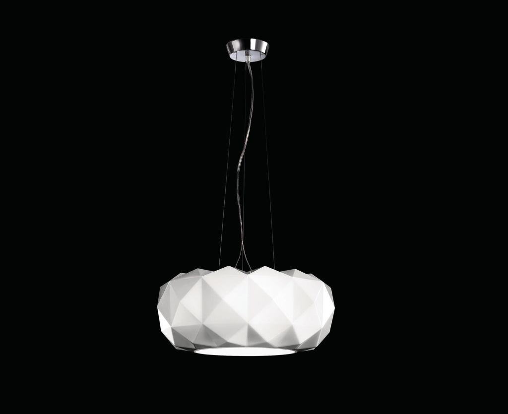 Designed by Archirivolto Design, Deluxe from the FDV Collection is a light fixture made up of multiple triangular facets. Produced using ancient glass-grinding techniques, the satin-finish diffuser comes in black or white blown glass and the fixture is available as a pendant, ceiling, wall, or table lamp. Deluxe features a polished chrome structure and uses a halogen source. ¢ leucosusa.com