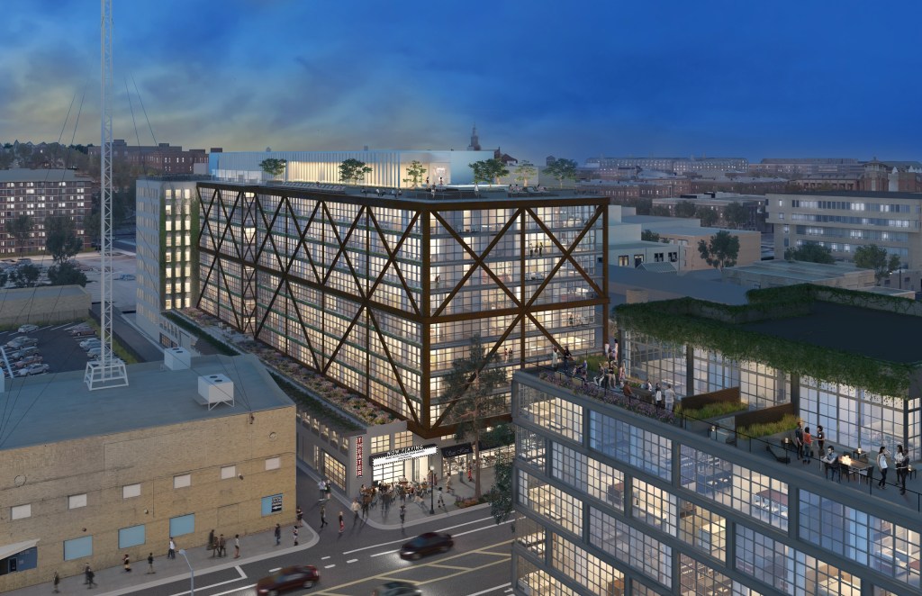 Fraternal twin buildings for apartments and condos are being developed at the site of the old Atlantic Plumbing factory on the edge of an up-and-coming neighborhood in DC. Image Courtesy The JBG Companies