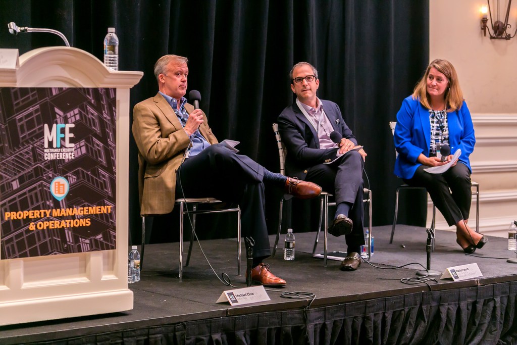 From left, Michael Clow, executive director of real estate, Greystar, David Ferszt, senior vice president of operations, Village Green Management Company, and Melissa Smith, executive vice president and chief administrative officer, Fogelman Management Group, share property management tips at the Multifamily Executive Conference.