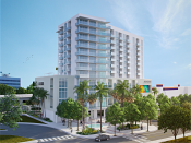 An exterior rendering of the front of Cassa Grove, with the Metrorail visible to the left.