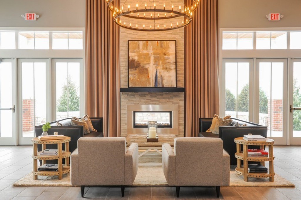 clubhouse, stone fireplace, window walls