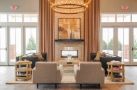 clubhouse, stone fireplace, window walls