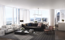 The dark living room palette at the upcoming 1000M ultra-luxury condo tower in Chicago.