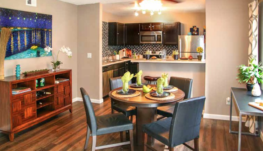 The dining room of a unit at Water Ridge Apartment Homes in Irving, Texas. The PPA Group, parent company of Casoro Capital, owns the property.
