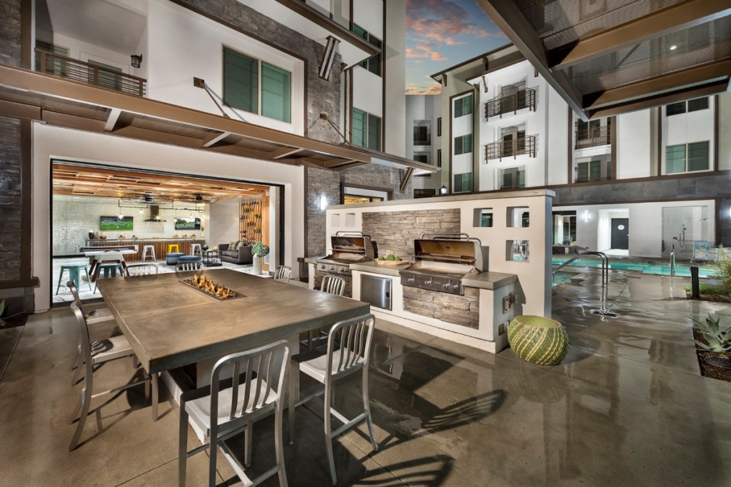 A property's amenities should be based on not only renter demographics but renter psychographics, as well. Psychographic data indicate your audience's tendencies, preferences, and values. At Metro Gateway in Riverside, Calif., MBK Rental Living determined the target market responded to green features, so the developer incorporated solar carports in the community that power the electricity for indoor–outdoor common areas such as the game room/lounge and outdoor kitchen space shown above.