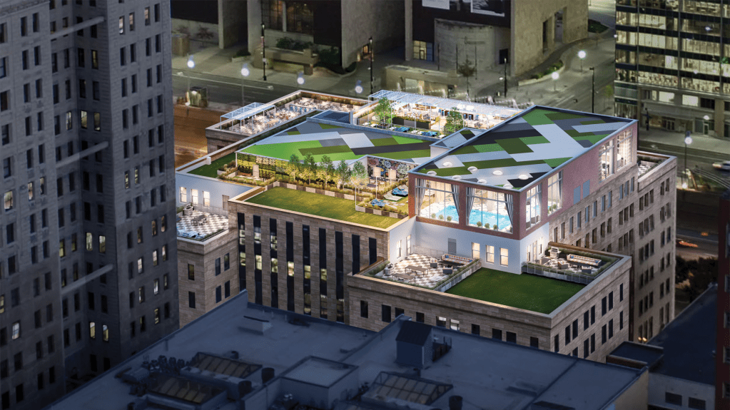 An aerial rendering of City Club Apartments' CBD Cincinnati, which is set to open in November