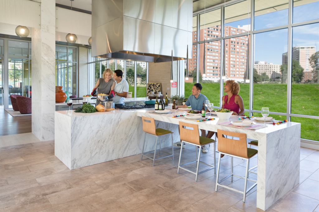 The Pearl revolves around a culture of health and wellness. Residents make use of the gourmet communal kitchen space to cook healthy meals and dine together.