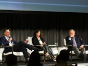 From left, multifamily leaders Tom Toomey of UDR, Diane Batayeh of Village Green, and Bob Hart of TruAmerica take part in the Multifamily Executive Conference's annual CEO Power Panel.