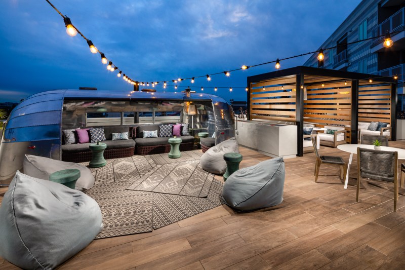 Cityview's Haven in Culver City, Calif., features an Airstream trailer on the rooftop deck and a four-story mural on the building facade.