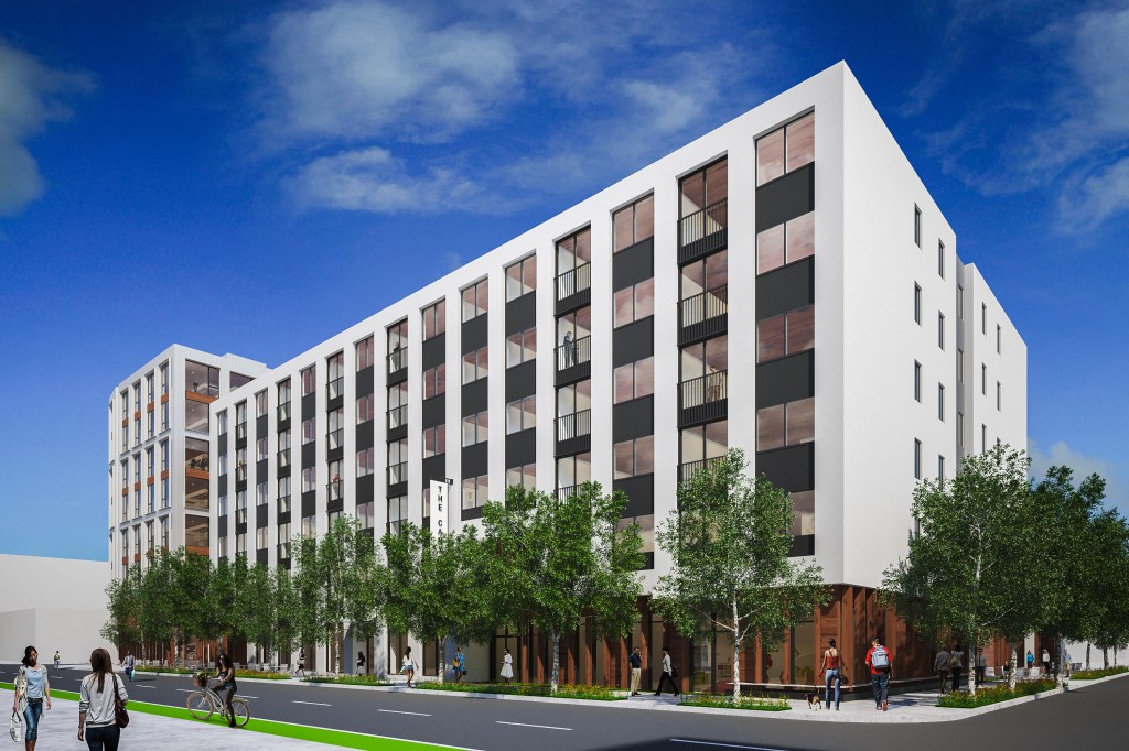 The Canyons in Portland, Ore., a 76-unit mass timber apartment building of cross-laminated timber (CLT) and light wood-framing above a concrete slab.