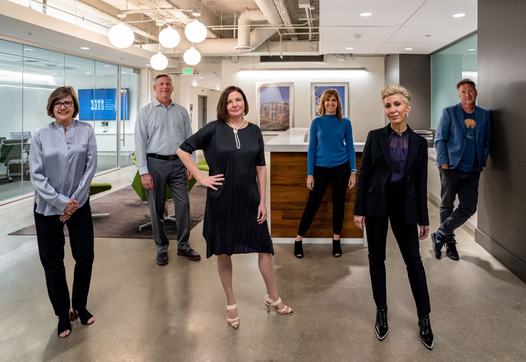 From left, Jill Williams (KTGY, chairman of the board); Chris Texter (KTGY, principal); Gina Deary (Simeone Deary Design Group, co-founder); Tricia Esser (KTGY, CEO); Lisa Simeone (Simeone Deary Design Group, co-founder); and David Senden (KTGY, principal).