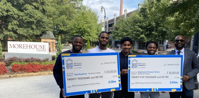 Team Househouse from Morehouse College won first place at Zillow’s HBCU Housing Hackathon: (L-R) Paul Lockett, Joshua Curry, Grant Commodore,  Kendall Camp and Cameron Heard, program manager, equity & belonging at Zillow. Photo courtesy of Morehouse College