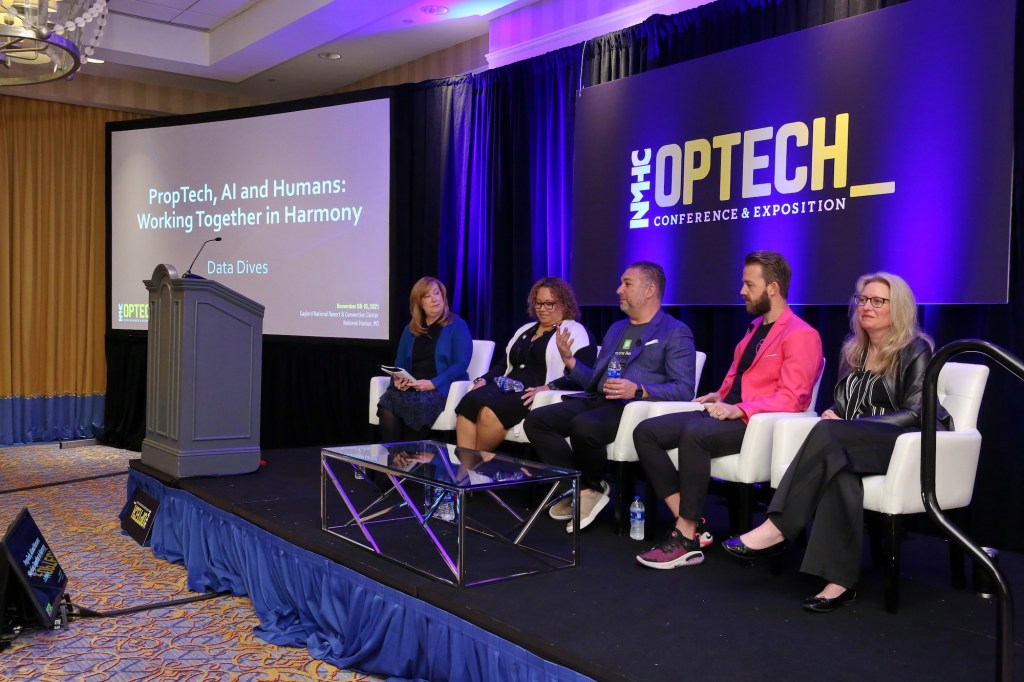 From left, consultant Judy Bellack moderates a discussion at the National Multifamily Housing Council OPTECH conference in November on how to seamlessly integrate technology and humans to provide top-notch customer service with panelists Kelley Shannon, Bozzuto; Todd Katler, Anyone Home; Tyler Christiansen, Funnel Leasing; and Karen Hollinger, AvalonBay Communities.