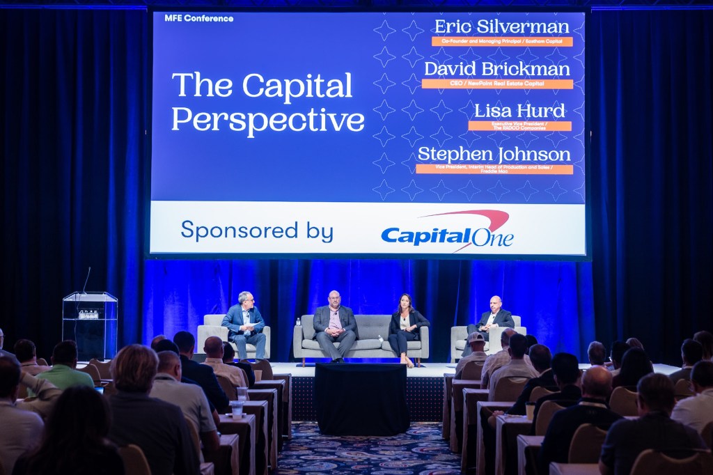 From left, Eastham Capital's Eric Silverman, Freddie Mac's Stephen Johnson, The RADCO Cos.' Lisa Hurd, and NewPoint Real Estate Capital's David Brickman share a finance update at the Multifamily Executive Conference in late September.