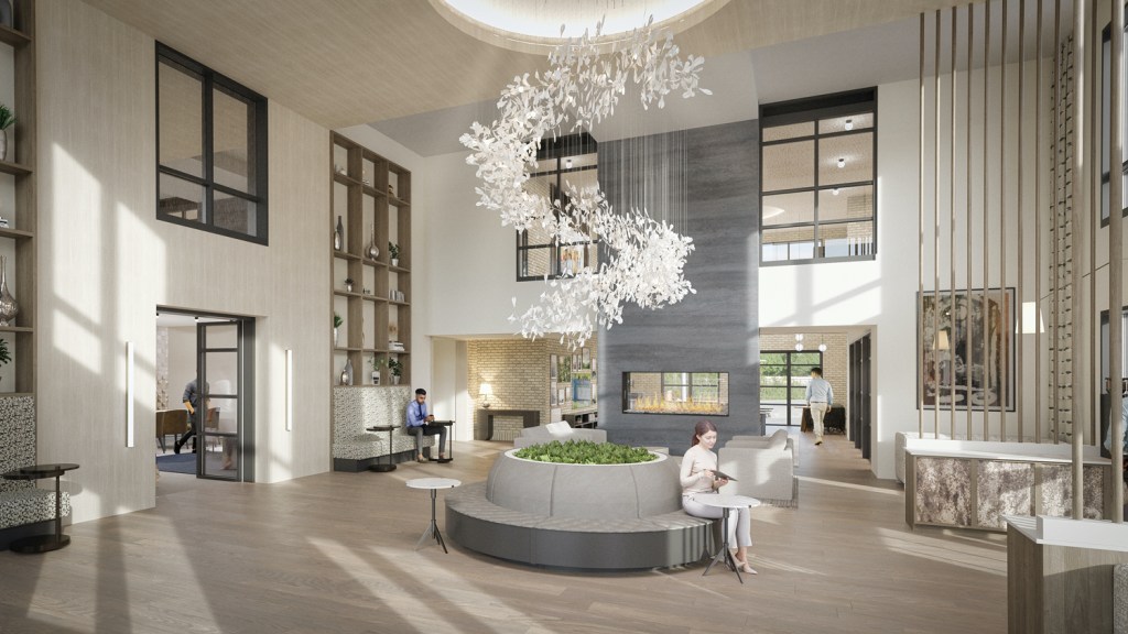 The lounge-like lobby Morgante Wilson Architects designed for Lumen Fox Valley features double-height ceilings and a variety of seating areas, including a circular banquette.