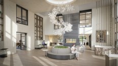 The lounge-like lobby Morgante Wilson Architects designed for Lumen Fox Valley features double-height ceilings and a variety of seating areas, including a circular banquette.