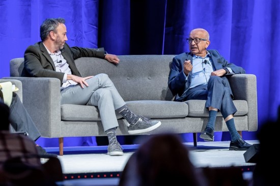 Waterton's David Schwartz (left) and AMCAL's Percival Vaz discuss industry challenges at the Multifamily Executive Conference in September in Las Vegas.