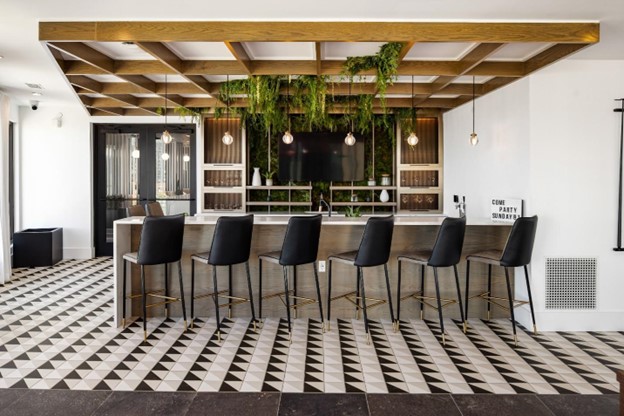 Apartment communities catering to renters by choice need to set the mood with design, finishes, and ambience that lean into an upbeat, luxury renter experience, like here at the NOVEL Edgehill community in Nashville, photo courtesy Crescent Communities