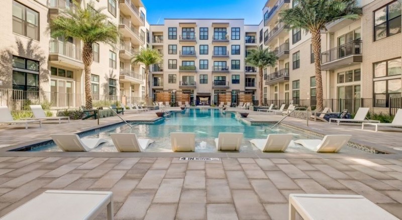 Developed in 2021, Augusta Flats is a community of five-story buildings with studio, one-, and two-bedroom apartments in historic downtown San Antonio.