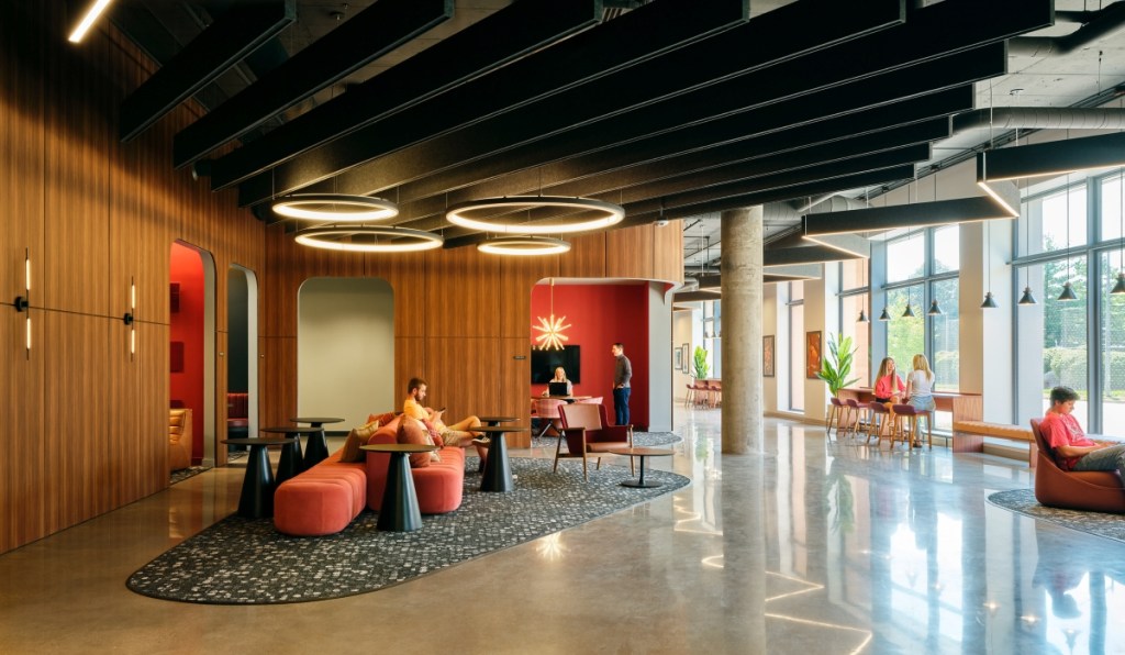 The ground floor at CRG's Chapter Madison, a 10-story, 534-bed student housing community serving University of Wisconsin Madison located in the historic Greenbush neighborhood.