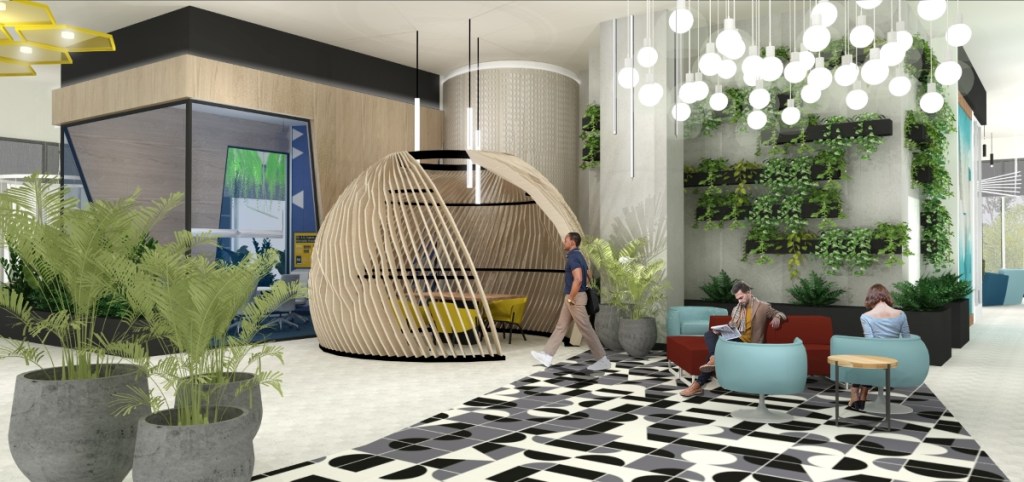A spherical privacy pod at Three Collective, a multifamily complex in Falls Church, Virginia. Courtesy Private Label International.