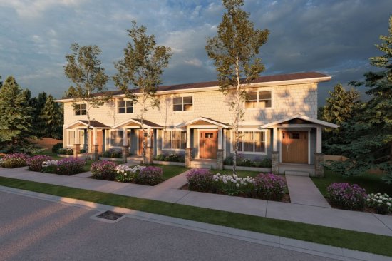 Simple multifamily home design, front exterior. See details at Houseplans.