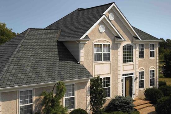 CertainTeed. Highland Slate roofing shingles combine the classic look of slate roofing with a selection of vibrant color blends at an affordable value. Using proprietary precision color blending technology, each tab is individually colored to provide a striking, distinctive appearance in six colors: black granite, fieldstone, New England slate, smokey quartz (shown), Venetian red, and Tudor brown. The four-tab asphalt composite shingles measure 18 inches by 36 inches and are accented with dark shadow lines and a full 8-inch exposure. 800.233.8990.
www.certainteed.com.