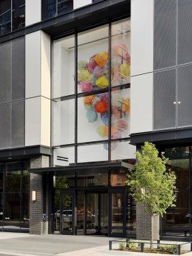 Coppia's main entrance featuring Rana Begum’s cloud piece installation.