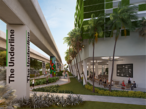 A rendering of Cassa Grove's exterior and its public access plaza for The Underline, an urban park in development under Miami's Metrorail.