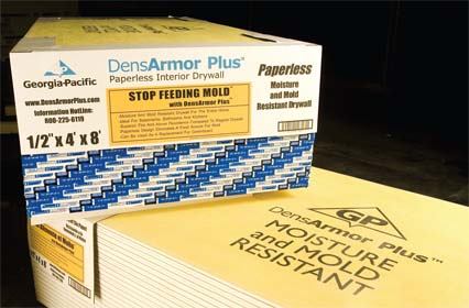 Moisture and mold are natural enemies of traditional drywall, but DensArmor Plus can take it. This fire-resistant, paperless interior drywall is the first gypsum drywall product to receive indoor air quality recognition from the Greenguard Environmental Institute.