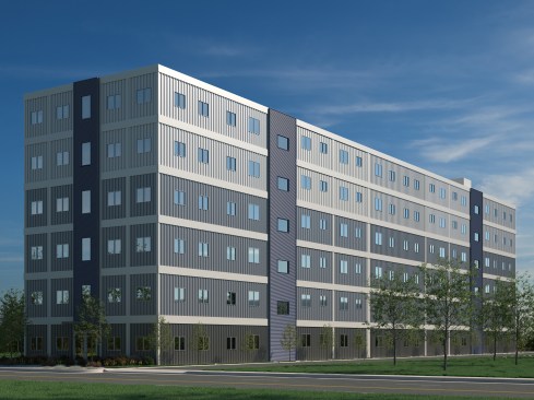 Box 500, built by Eco Box Fabricators in Salt Lake City, will offer 83 affordable housing units retrofitted from new 40-foot high-cube shipping containers. The exterior is left deliberately unfinished to showcase the building structure.