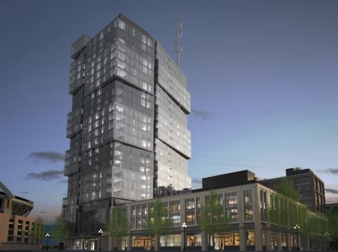 The apartments at Stadium Place, which Pillar is developing in Seattle’s Pioneer Square neighborhood, were built in the parking area beside CenturyLink Field, where the Seattle Seahawks play. Residents will be able to enjoy all of the hustle and bustle of game day from inside their homes.