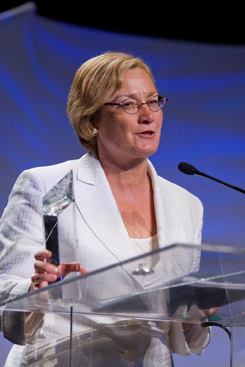 Carol Galante, president and CEO of BRIDGE Housing Corp., an affordable housing developer based in San Francisco, accepts her award as the 2008 Executive of the Year. She issued a call to action to the industry to continue to deliver more affordable, sustainable housing in communities around the country.