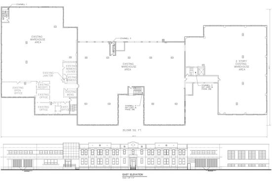 The first floor and elevation blueprints of an old industrial building in the St. Clair neighborhood located in eastern Cleveland. As part of MFE’s Concept Community and the up-and-coming neighborhood’s plan to ‘upcycle’ and revitalize the area, RDL Architect plans to create a design that converts the building into rental and condo units, while adding a new construction piece.