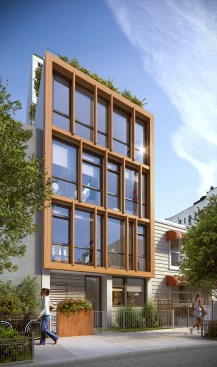 Jorge Mastropietro's self-developed 96 16th St. in Brooklyn features a wood frame, glass-and-wood façade, and triple-glazed windows. The five-story condominium will have four units with two bedrooms each.