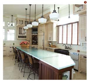 Glass may not be the first material people consider for countertops, but it's one of the newest to hit the kitchen. ThinkGlass' glass countertops and backsplashes are as durable as stone and marble and under normal use they will not crack, chip, or scratch. Available in a variety of colors, textures, and shapes,it's nonporous, making it stain-proof and hygienic. Contact ThinkGlass at 877-410-GLASS or visit www.thinkglass.com.