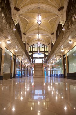 staircase, arcade, shopping arcade, galleria, Gothic Revival, buttress, vaulted