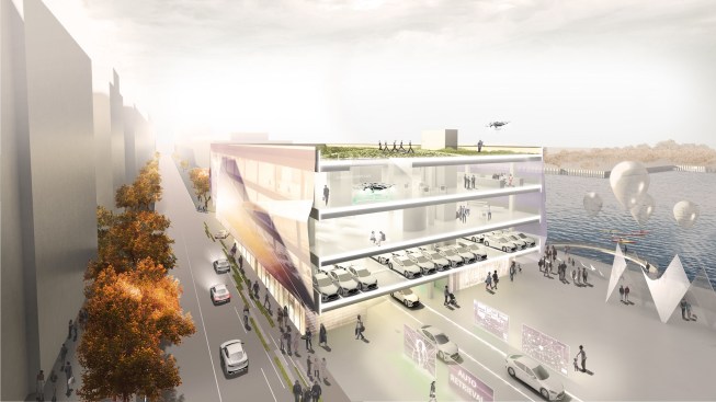 A parking garage built for the years 2018 to 2025 (top) that's designed to be flexible for other uses in 2025 to 2035 (bottom), as envisioned by architectural firm Arrowstreet. The latter version reflects a forecast decline in car usage, with spaces formerly holding cars now adapted as entertainment, office, recreational, residential, and even drone package delivery areas.
