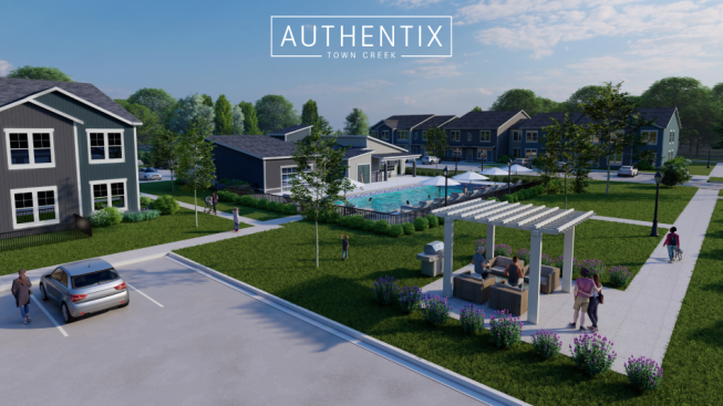 The 276-unit Authentix Town Creek in Lenoir City, Tennessee, will offer studio, one-, two-, and three-bedroom homes with private, ground-level entries designed for convenience and privacy.