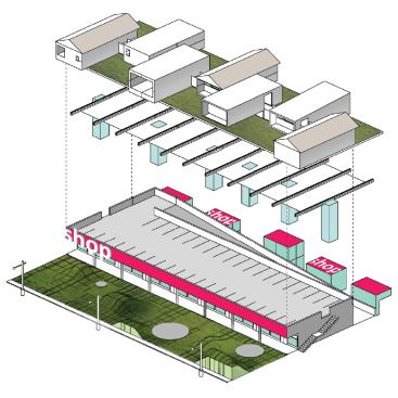 Strip Mall and Single-Family Housing Cluster: Single-family houses, complete with backyards, placed on top of a layer of parking on the roof of an existing strip mall. A public greenway and park takes the place of the existing parking lot.