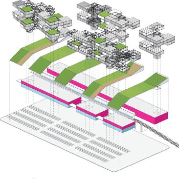 Train Station and Mixed-Use Regional Center: Multifamily housing and greenbelt placed on top of regional retail and an existing light-rail line.